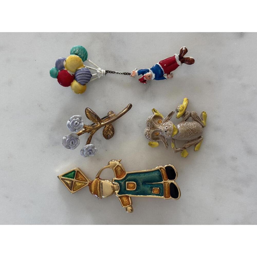 Set of 4 Vintage Enamel and Metal Brooch Pins